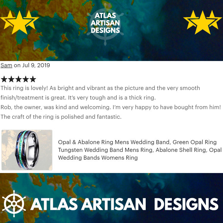 Unique Mens Wedding Band Opal Inlay Ring, Koa Wood Ring Tungsten Wedding Band Mens Ring, Black Mens Wood Ring, Wooden Ring, Blue Opal Ring - Atlas Artisan Designs