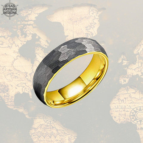 Image of 6mm Silver Hammered Ring 18K Yellow Gold Wedding Band Womens Ring Viking Gold Ring Mens Wedding Band Tungsten Ring Couples Rings Mens Ring - Atlas Artisan Designs