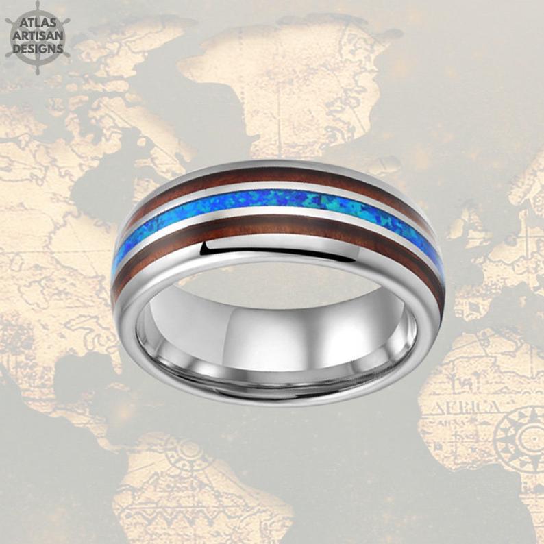 8mm Silver Mens Ring Opal Wedding Band Wood Tungsten Ring