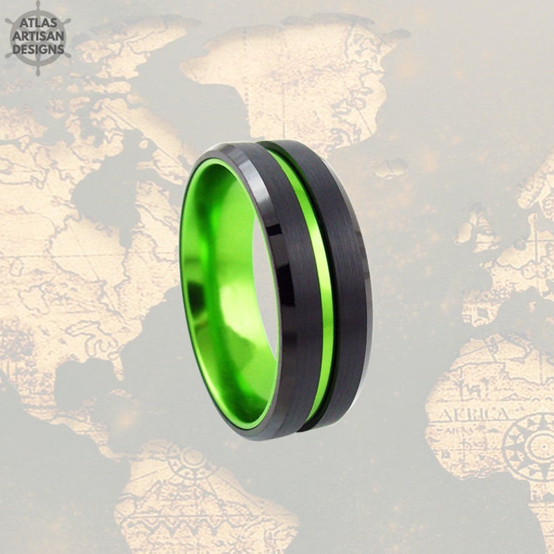 Thin Tungsten Ring Womens Wedding Band Black Ring with Green Groove - Atlas Artisan Designs