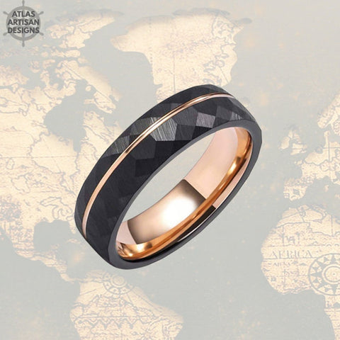 Image of 6mm Tungsten Rose Gold Wedding Bands - Black Hammered Womens Ring
