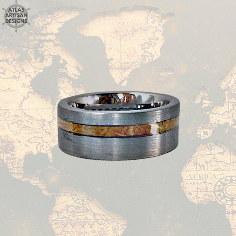 Silver Whiskey Barrel Ring, 8mm Mens Wedding Band Tungsten Ring Whiskey Ring Wood Wedding Band - Atlas Artisan Designs