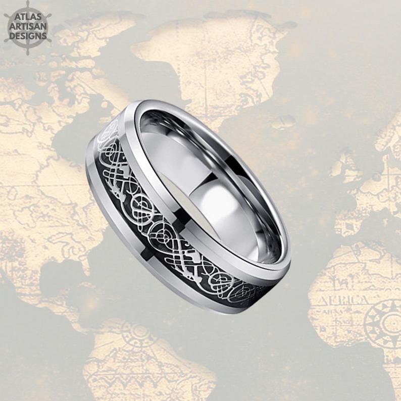 Viking Wedding Ring 8mm Mens Ring Carbon Fiber Ring, Celtic Ring Mens Wedding Band Silver Ring Tungsten Ring Gothic Wedding Ring Dragon Ring - Atlas Artisan Designs