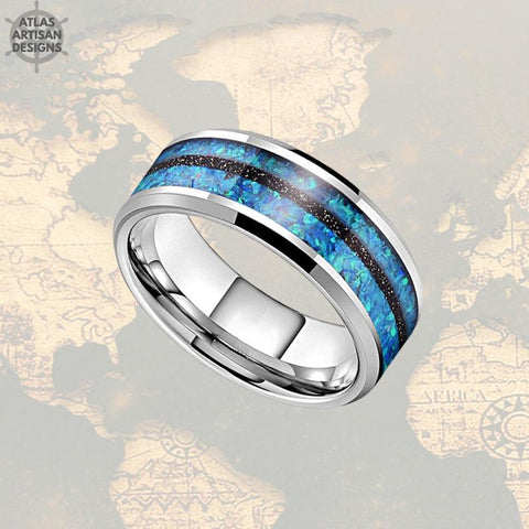 Image of 8mm Black Meteorite & Blue Opal Ring Tungsten Wedding Band Meteorite Ring Mens Wedding Band Tungsten Ring, Meteorite Wedding Rings for Men - Atlas Artisan Designs