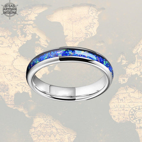 Image of Silver Ring Opal Wedding Band Tungsten Ring - 4mm Blue Opal Ring