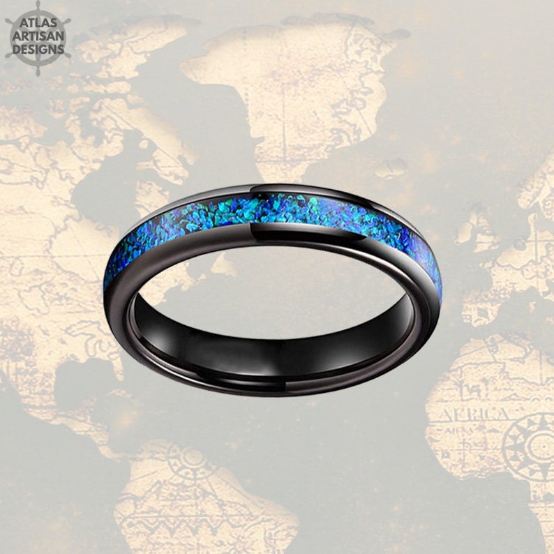 4mm Black Tungsten Ring Blue Opal Wedding Band Womens Ring