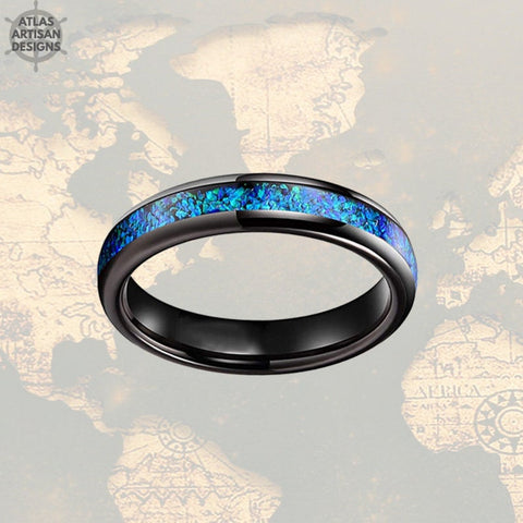 Image of 4mm Black Tungsten Ring Blue Opal Wedding Band Womens Ring