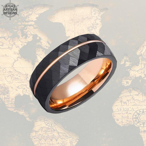 Image of Black Hammered Wedding Band - 8mm Rose Gold Mens Ring