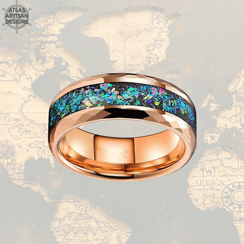 Image of Rose Gold Mens Wedding Band  - Fire Opal Hammered Tungsten Ring