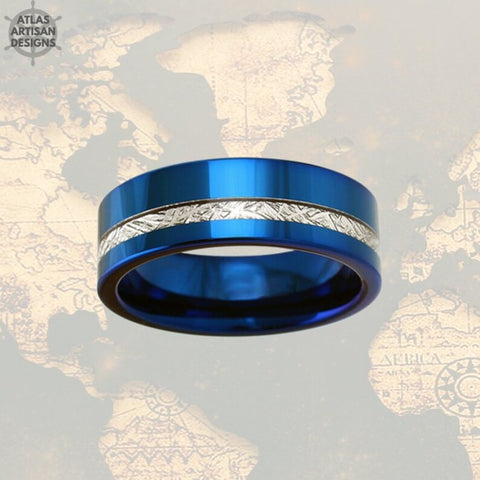 Image of 8mm Blue Tungsten Wedding Band Meteorite Mens Tungsten Ring