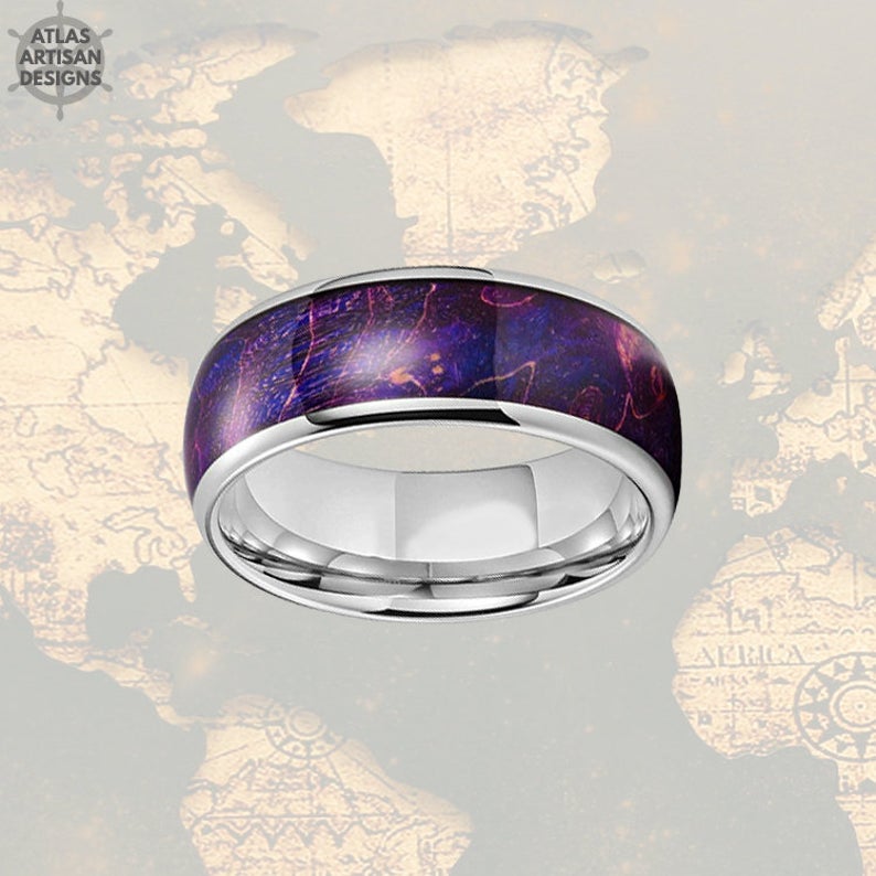 Purple Elder Wood Ring Mens Wedding Band Tungsten Ring, Unique Wooden Mens Ring - Atlas Artisan Designs