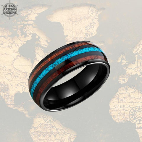 Image of Turquoise Ring Mens Wedding Band Black Tungsten Ring - Koa Wood Ring