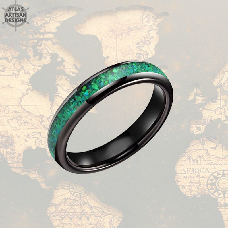 4mm Black Tungsten Ring Green Opal Womens Wedding Band