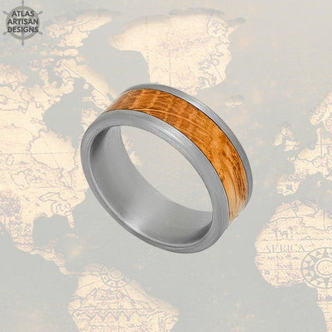 Image of Silver Whiskey Barrel Ring Mens Wedding Band Tungsten Ring, Bourbon Wood Wedding Band Mens Ring, Unique Wooden Ring Mens Promise Ring - Atlas Artisan Designs