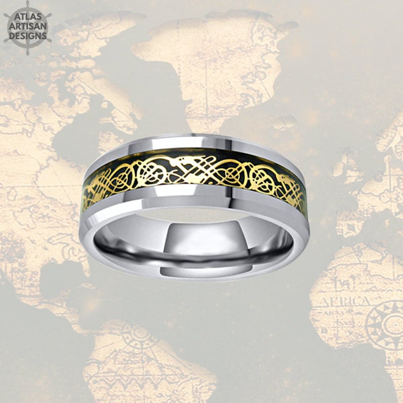 Gold Viking Wedding Ring Mens Tungsten Ring, Celtic Wedding Band Gold Ring - Atlas Artisan Designs