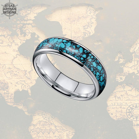 Image of Mens Turquoise Ring, 6mm Silver Turquoise Wedding Bands Womens Ring, Thin Tungsten Ring - Atlas Artisan Designs