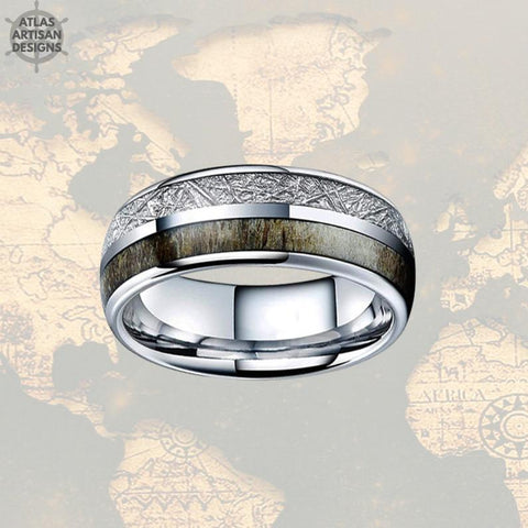Image of Silver Meteorite Mens Wedding Band Tungsten Ring - Deer Antler Ring - Atlas Artisan Designs