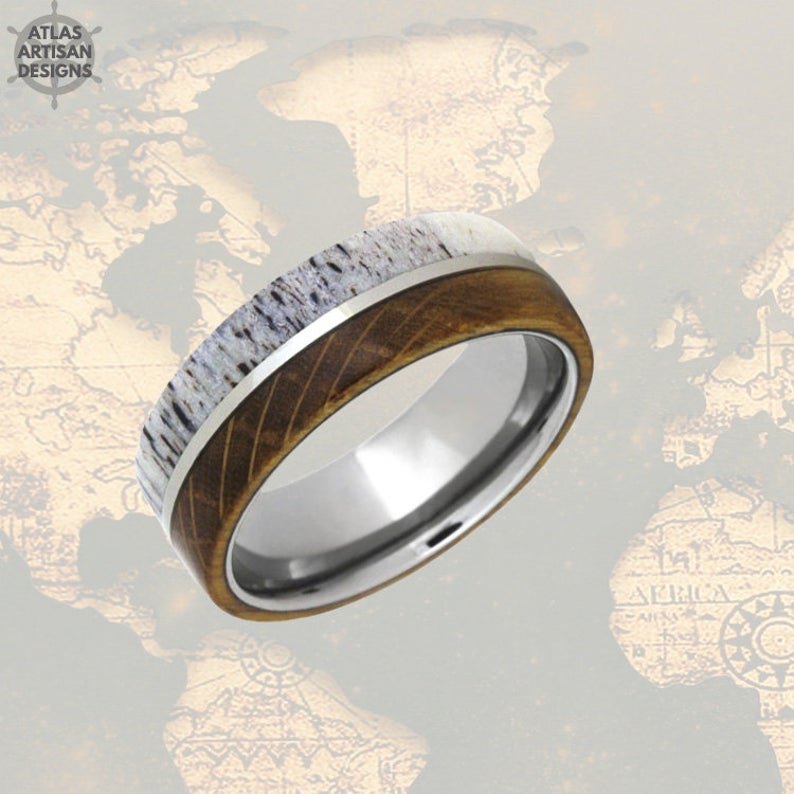 Whiskey Barrel Ring Mens Wedding Band Tungsten Ring - Antler Ring Tungsten Wedding Band