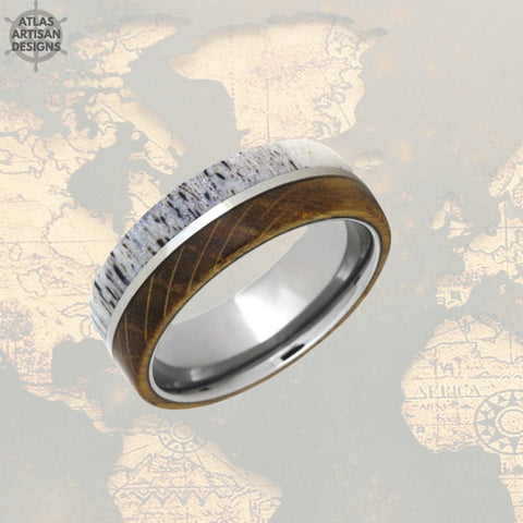 Image of Whiskey Barrel Ring Mens Wedding Band Tungsten Ring - Antler Ring Tungsten Wedding Band
