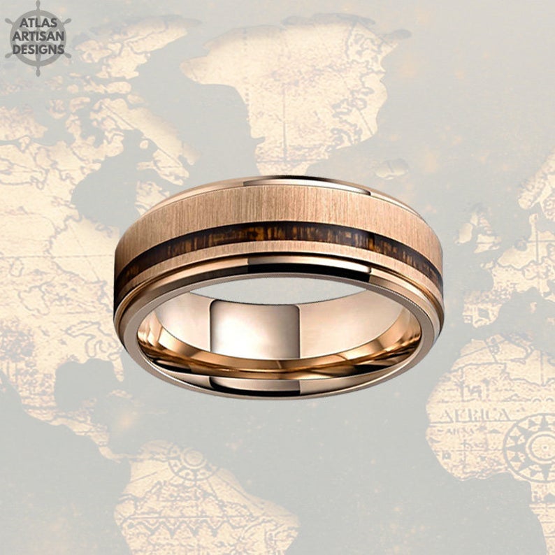 Rose Gold Ring Mens Wedding Band Wood Ring, 8mm Rose Gold Wedding Band Mens Ring Offset Koa Wood Inlay Ring, Wood Wedding Band Tungsten Ring - Atlas Artisan Designs
