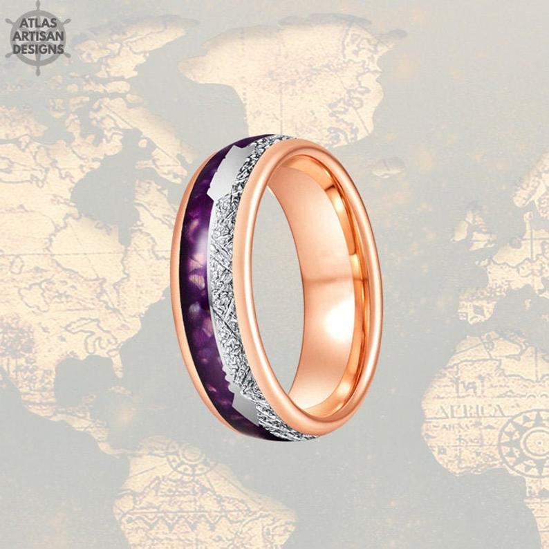 8mm Rose Gold Ring Mens Wedding Band Agate Stone Ring - Meteorite & Purple Agate Tungsten Ring