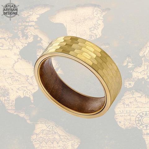 Image of 14K Gold Ring Mens Wedding Band Hammered Ring Koa Wood Rings for Men - Atlas Artisan Designs