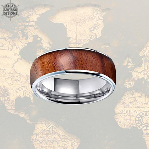 Image of 8mm Silver  Tungsten Ring Koa Wood Wedding Band Mens Ring - Atlas Artisan Designs