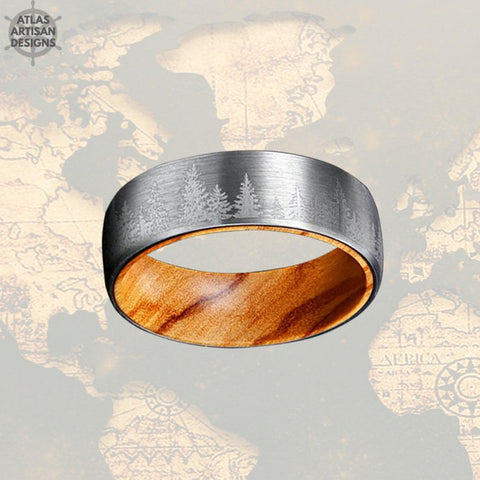 Image of Spruce Tree Tungsten Ring Mens Wedding Band Wood Ring Silver Tungsten Ring - Atlas Artisan Designs