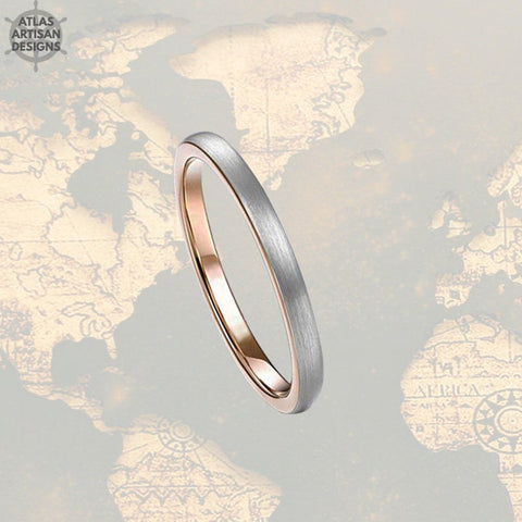 Silver & 18K Rose Gold Ring Womens Wedding Bands Tungsten Ring Minimalist Ring Rose Gold Wedding Band Womens Ring, Couples Rings Dainty Ring - Atlas Artisan Designs