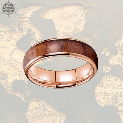 Image of 6mm 18K Rose Gold Ring Koa Wood Wedding Bands Tungsten Womens Ring