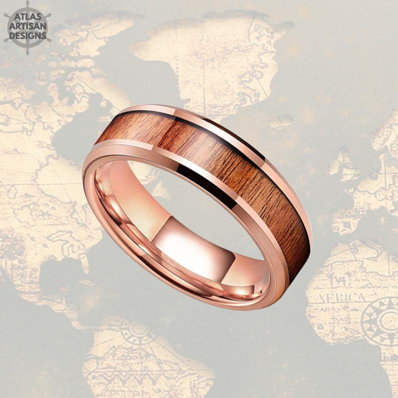 6mm Beveled 18K Rose Gold Ring Wedding Band Tungsten Ring Koa Wood Ring