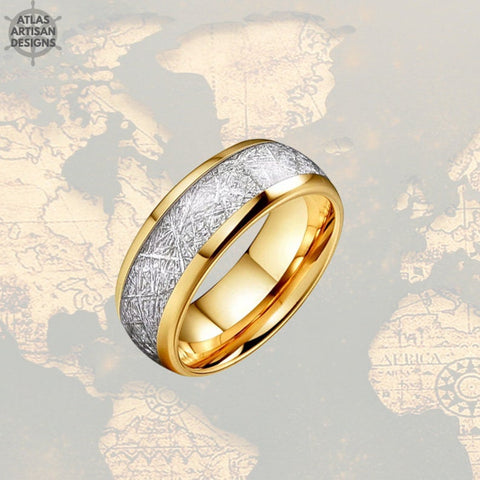 Image of 8mm Yellow Gold Mens Wedding Band Tungsten Ring - Unique Mens Meteorite Ring