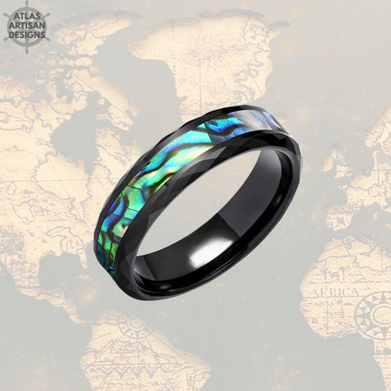 Abalone Ring Mens Wedding Band Hammered Ring - 6mm Mens Ring Tungsten