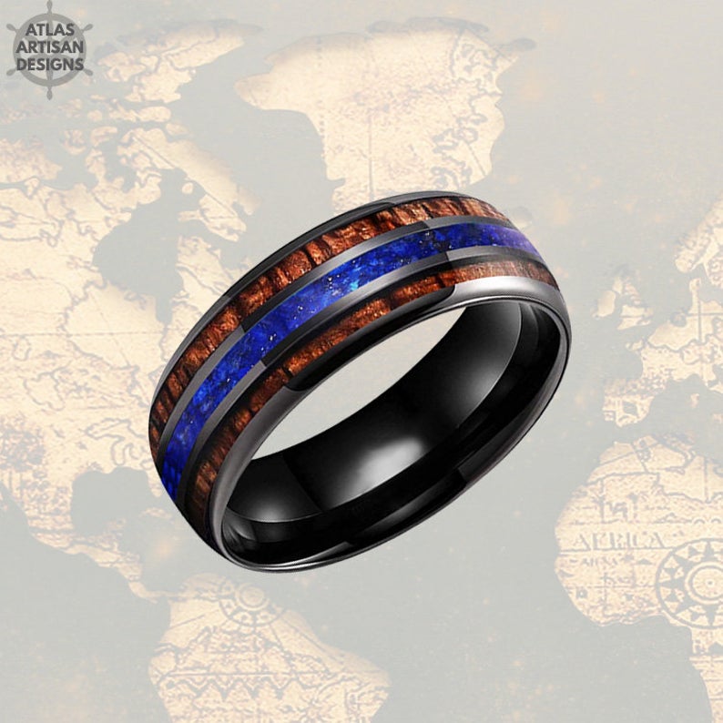 8mm Lapis Ring Black Tungsten Wedding Band Wood Ring - Unique Lapis Lazuli Ring for Men