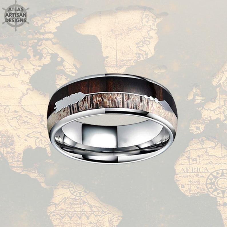 Walnut Wood Ring Mens Wedding Band Tungsten Ring with Arrow Inlay - Atlas Artisan Designs