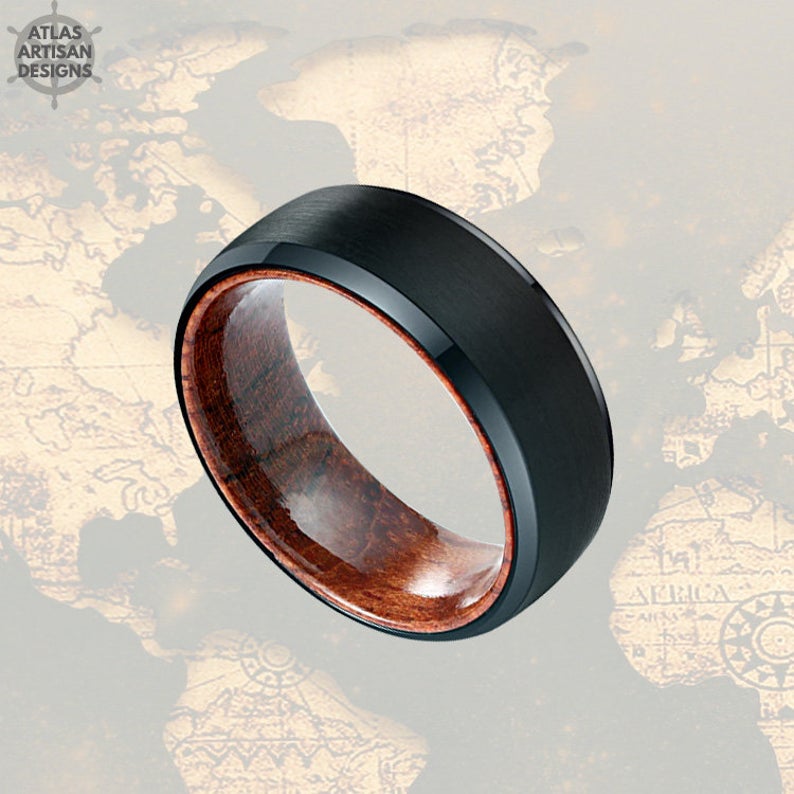 Unique Mens Wedding Band Tungsten Ring, Sandal Wood Ring Nature Wedding Ring, 8mm Black Mens Ring, Wooden Ring, Wood Promise Ring for Him - Atlas Artisan Designs