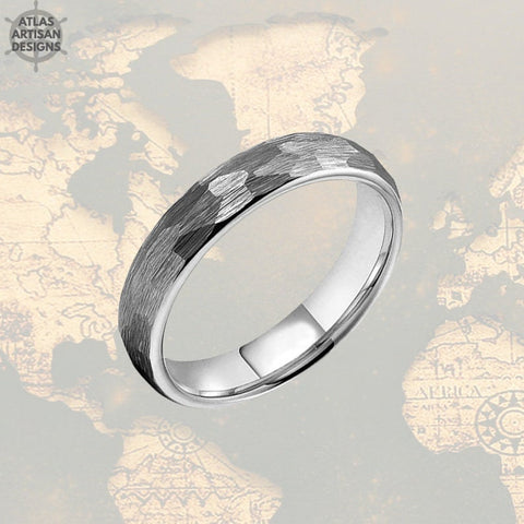 Image of 4mm Silver Ring Hammered Wedding Band Tungsten Ring