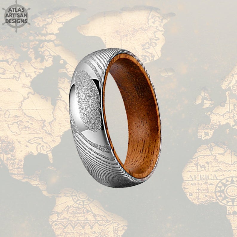 6mm Damascus Whiskey Barrel Ring, Silver Damascus Ring Whiskey Wood Ring Mens Wedding Band Wooden Ring - Atlas Artisan Designs