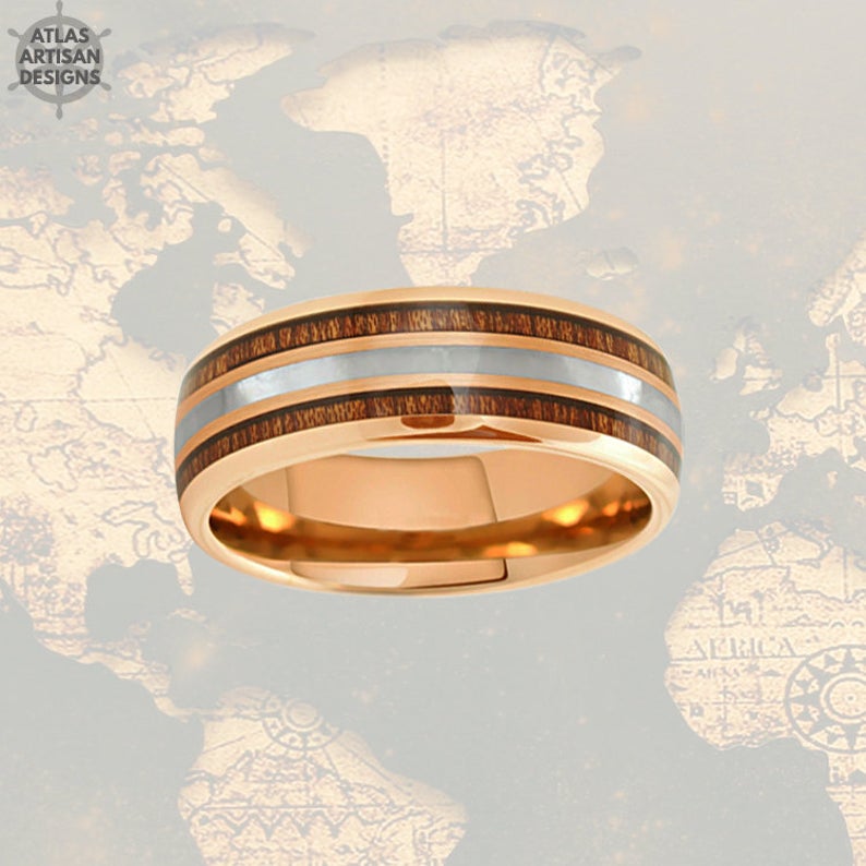 Rose Gold Mother of Pearl Ring, 8mm Koa Wood Ring Mens Wedding Band Rose Gold Ring - Atlas Artisan Designs
