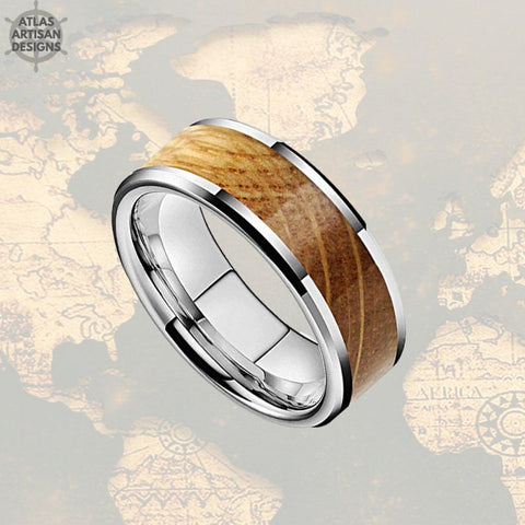 Image of Beveled Bourbon Wood Ring Mens Wedding Band Tungsten Ring, Silver Whiskey Barrel Ring Tungsten Wedding Band Mens Ring with Wood Inlay Ring - Atlas Artisan Designs