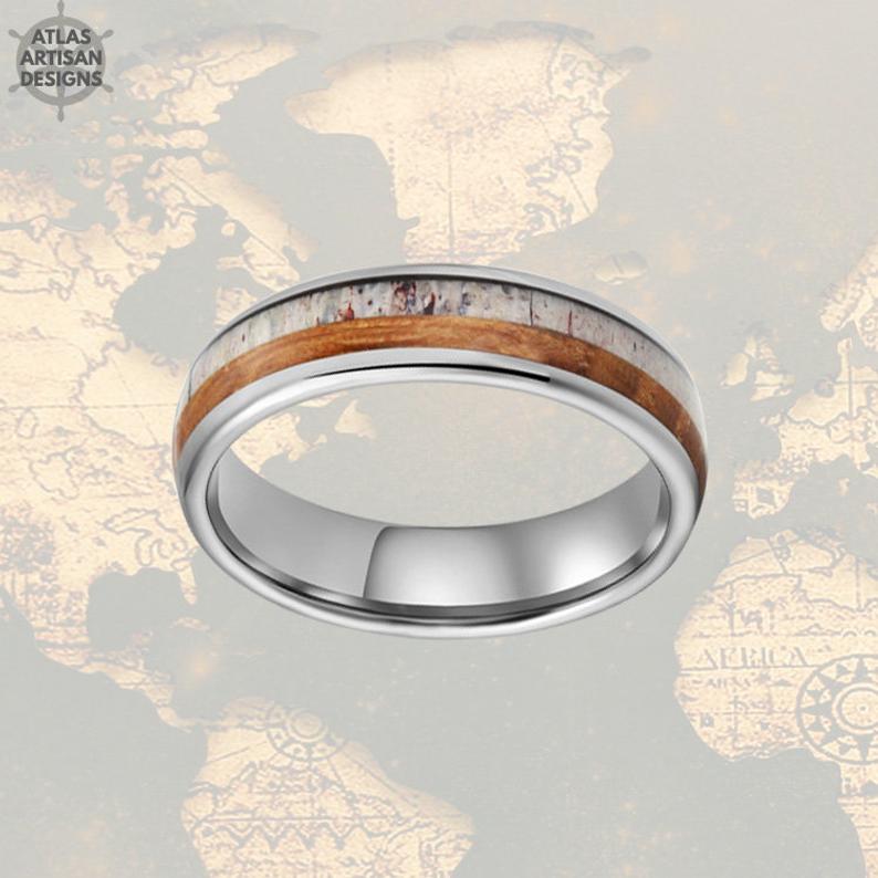 Thin Deer Antler Ring Mens Wedding Band Tungsten Ring Whiskey Barrel Ring