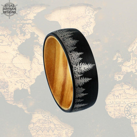 Image of Black Tungsten Ring Wedding Band Nature Ring Spruce Tree Wood Ring - Atlas Artisan Designs