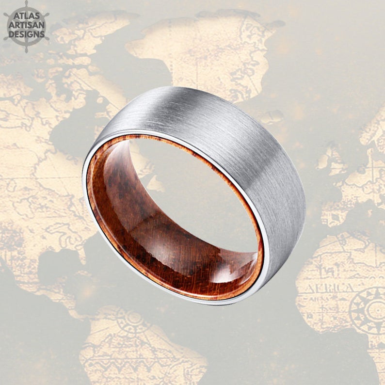 Exotic Sandal Wood Ring Tungsten Wedding Rings for Him, Silver Ring Mens Wedding Band Tungsten Ring, Wooden Ring Unique Mens Promise Ring - Atlas Artisan Designs