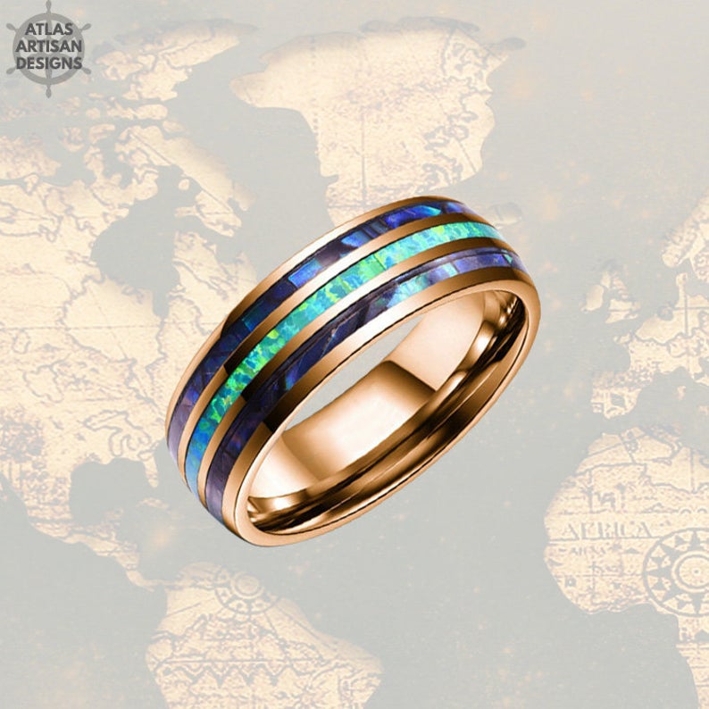 Blue Opal Ring Mens Wedding Band Tungsten Ring 8mm Rose Gold Tungsten Ring