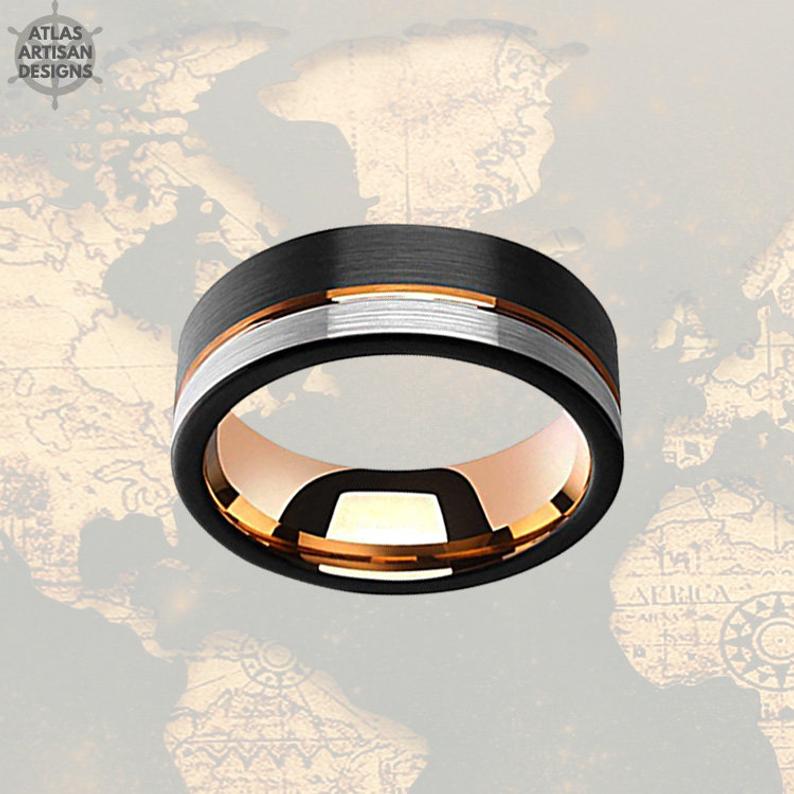 18K Rose Gold Wedding Band Mens Ring, 8mm Unique Mens Wedding Band Tungsten Ring, Black & Rose Gold Ring Tungsten Wedding Band Mens Ring - Atlas Artisan Designs