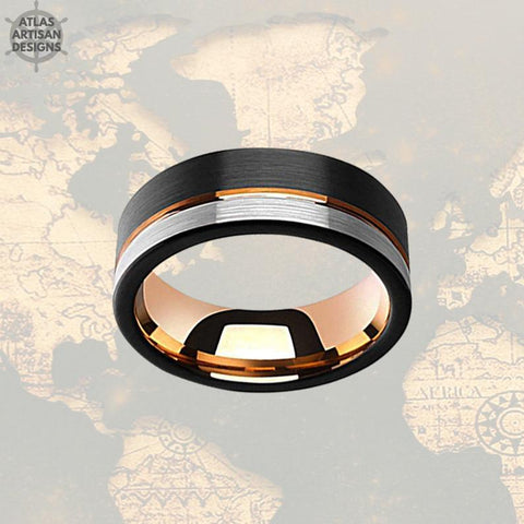 Image of 18K Rose Gold Wedding Band Mens Ring, 8mm Unique Mens Wedding Band Tungsten Ring, Black & Rose Gold Ring Tungsten Wedding Band Mens Ring - Atlas Artisan Designs