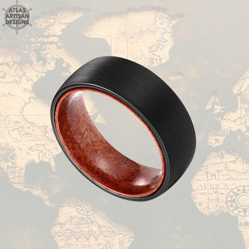 Black Mens Wedding Band Tungsten Ring, Nature Ring Wood Wedding Band Mens Ring, 8mm Sandal Wood Ring Mens Wooden Ring Unique Rings for Him - Atlas Artisan Designs