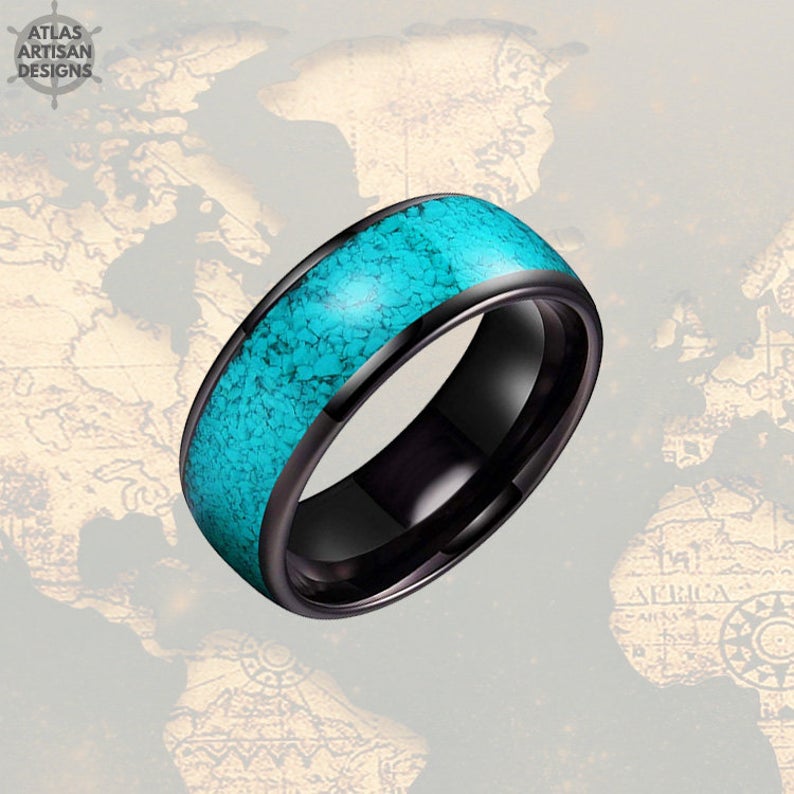 Turquoise Ring Mens Wedding Band Tungsten Ring Black Turquoise Wedding Bands