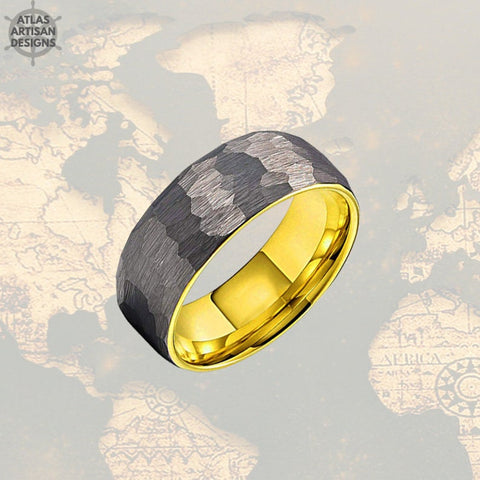 Image of 18K Yellow Gold Ring Mens Wedding Band Tungsten Ring, 8mm Silver Hammered Ring Unique Viking Ring for Men, Gold Wedding Band Mens Ring - Atlas Artisan Designs