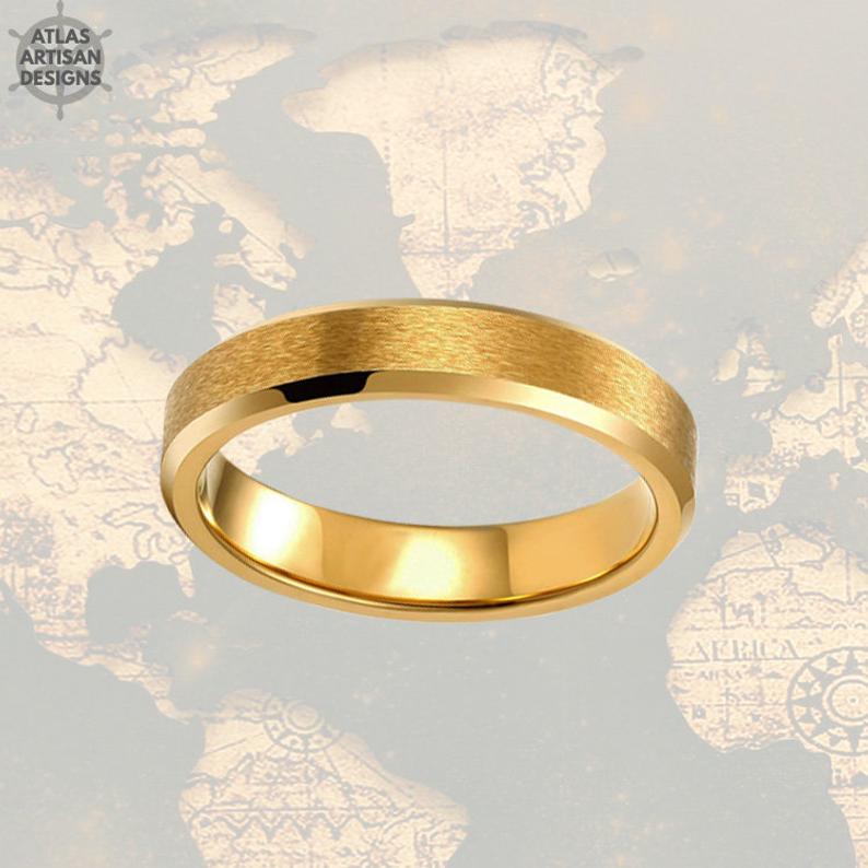 4mm Thin 14K Yellow Gold Ring Tungsten Wedding Band Womens Ring - Atlas Artisan Designs